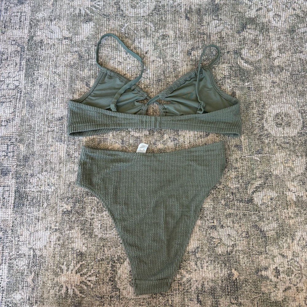 Aerie Olive Green Bikini Set Shimmer Ribbed Spring Summer Beach L/XL - Picture 6 of 8